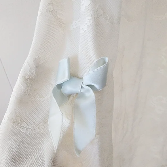 Vintage Odette Barsa Ivory Lace Peignoir Robe 1950s Sheer Blue Ribbon - Picture 5 of 15